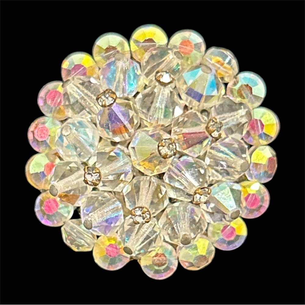 Vintage Aurora Borealis Yellow and Colorless Crystal  Beaded Pin Brooch